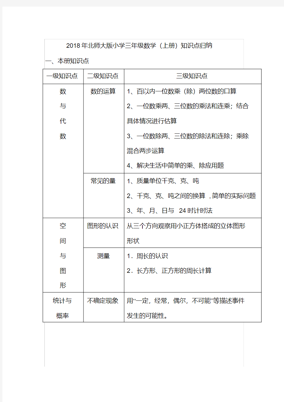 【最新】2018年北师大版小学三年级数学(上册)全册知识点归纳