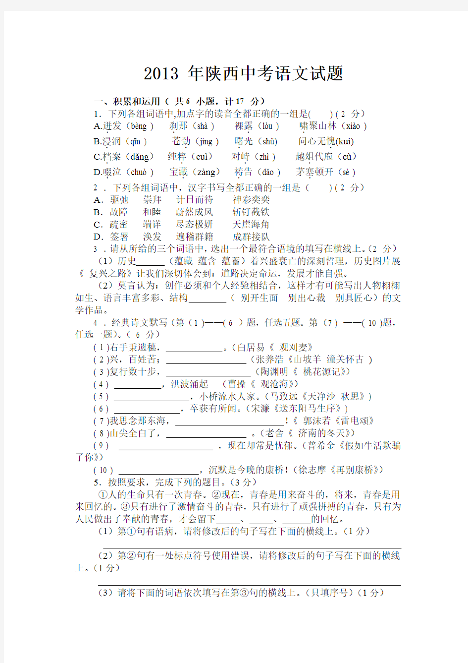 2013年陕西省中考语文试题及答案