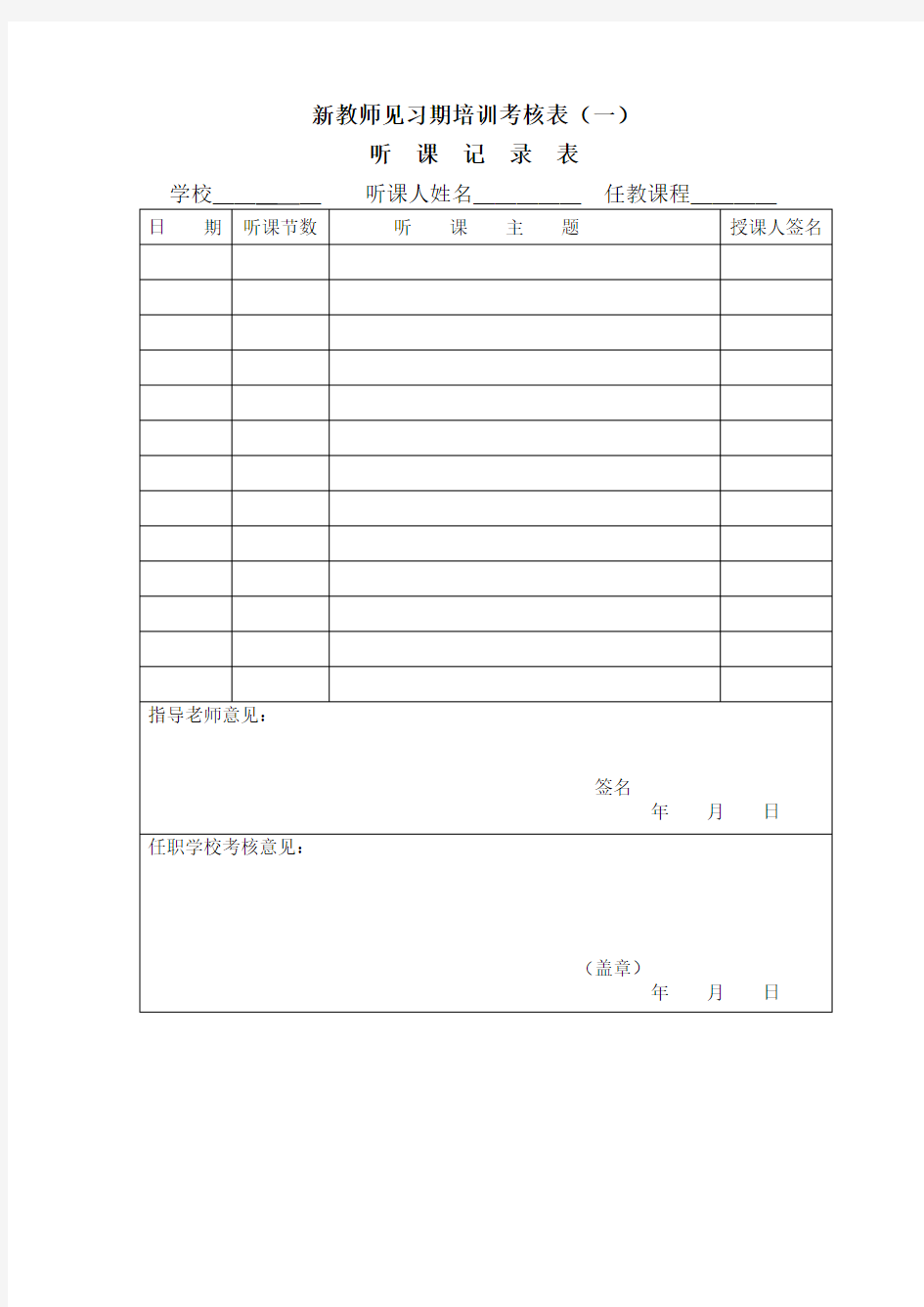 新教师见习期培训考核表