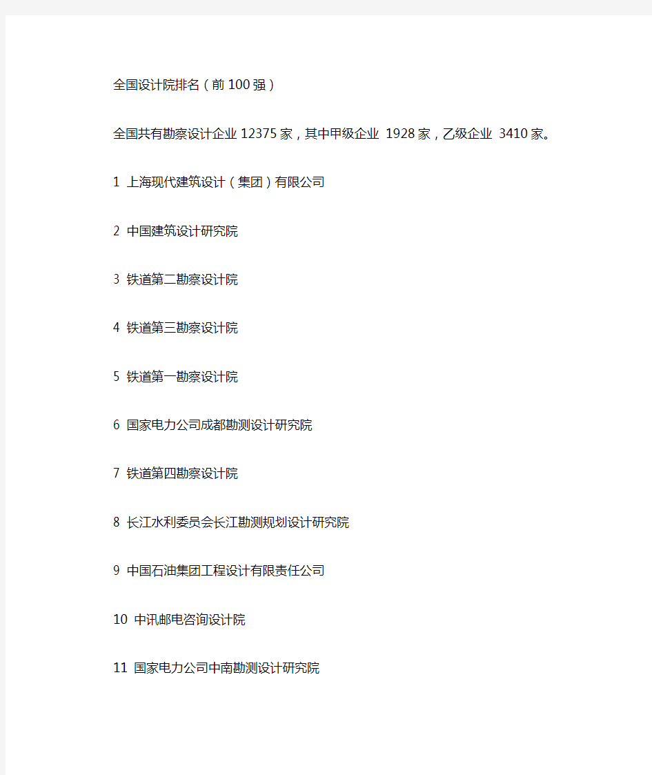 中国勘察设计院排名(前100强)