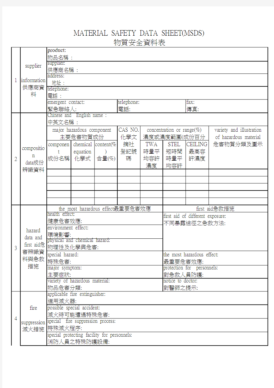 MSDS中英文版样本