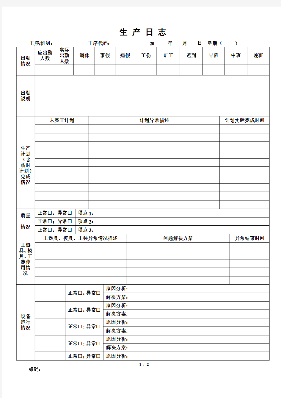 2014年最新车间生产日志表