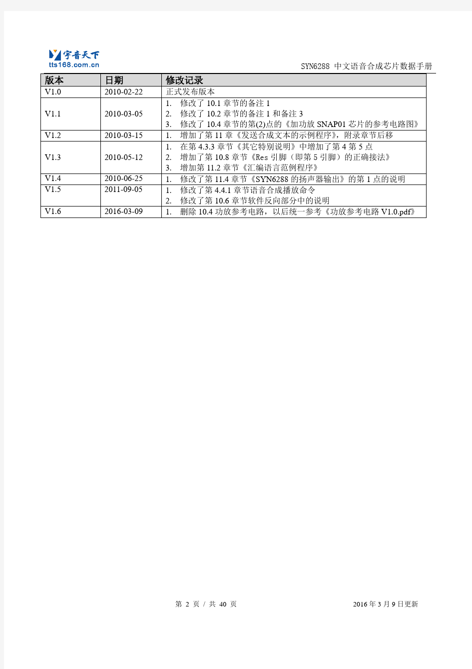 SYN6288中文语音合成芯片数据手册V16