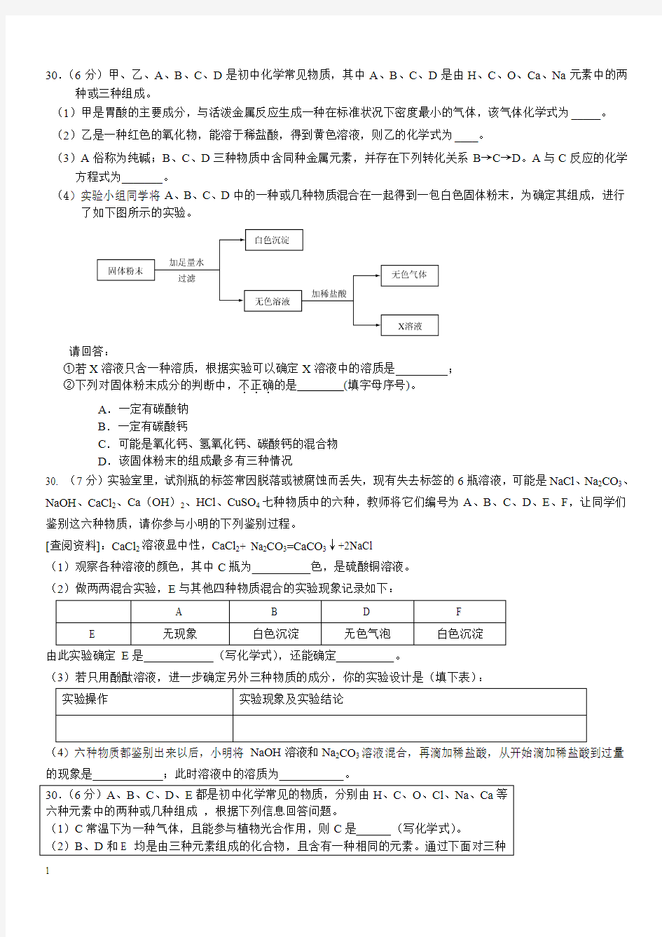 2012北京各区初三化学一模汇总推断