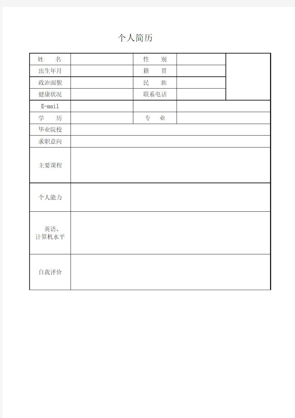 个人标准简历空白表格下载