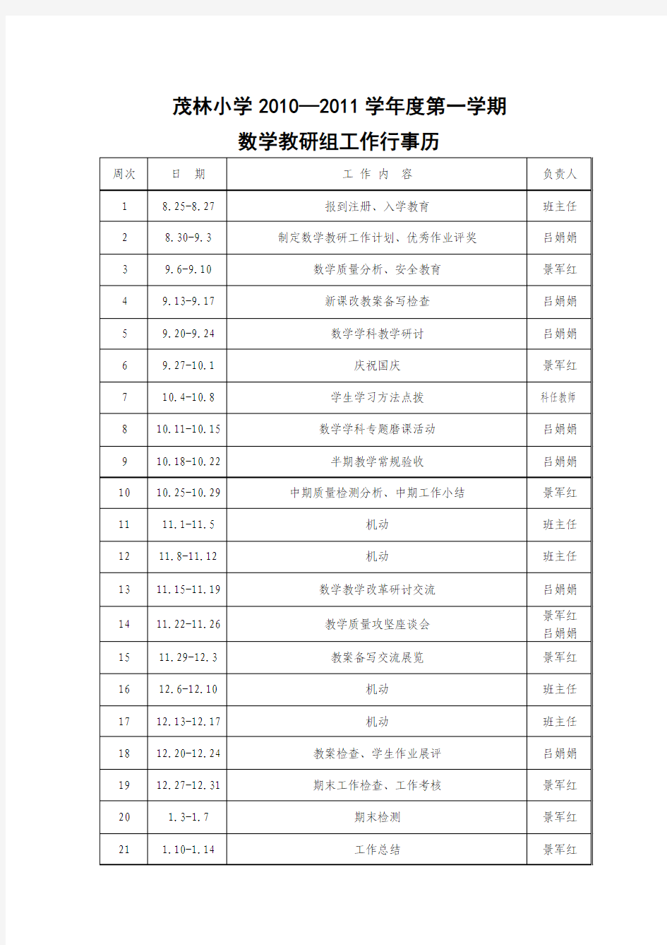 数学教研组工作行事历