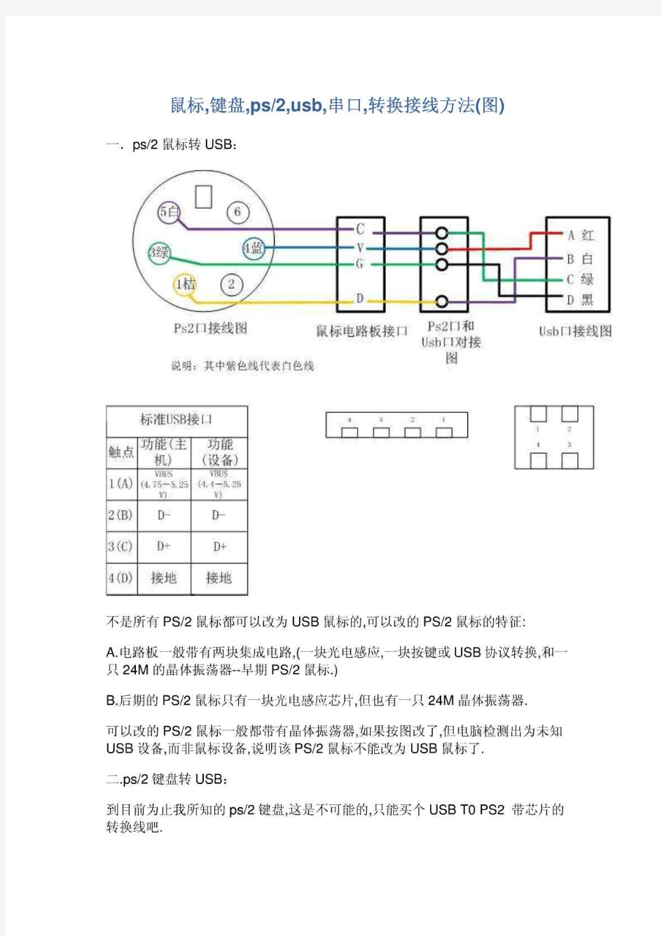 鼠标(键盘)ps2口(圆口)转usb口接线图