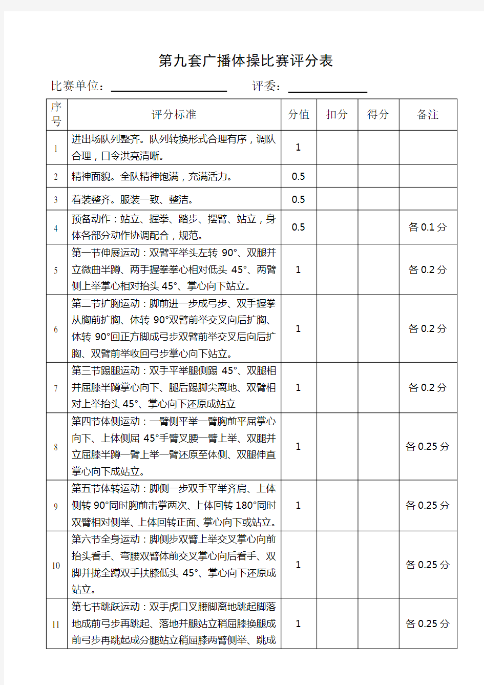 第九套广播体操比赛评分表