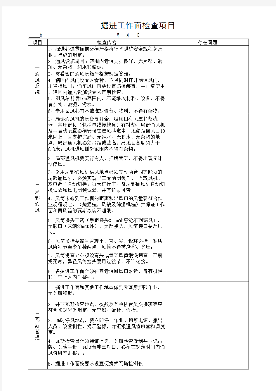 掘进工作面检查项目