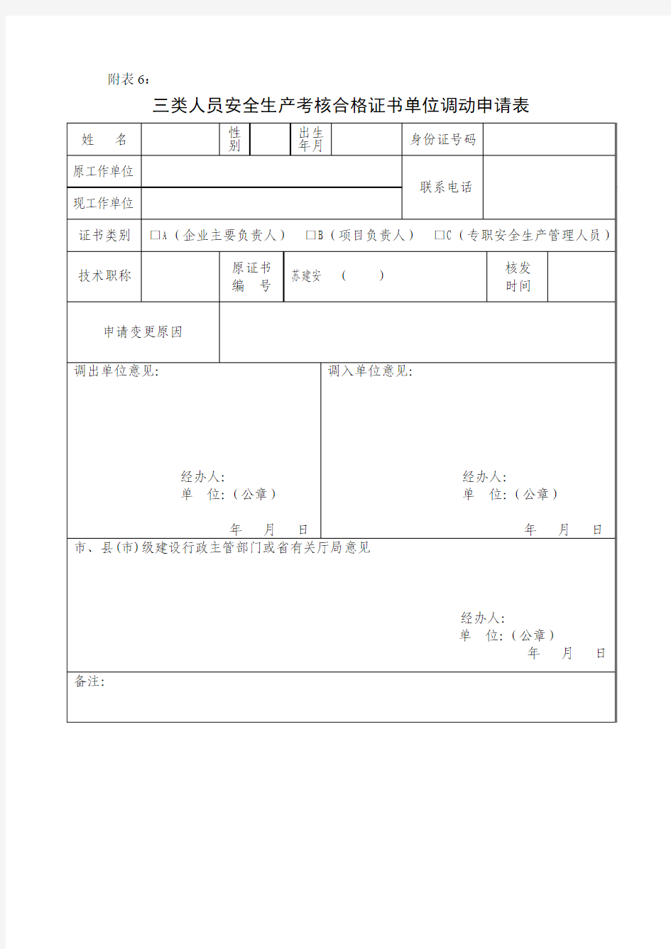 三类人员安全生产考核合格证书单位调动申请表(2)