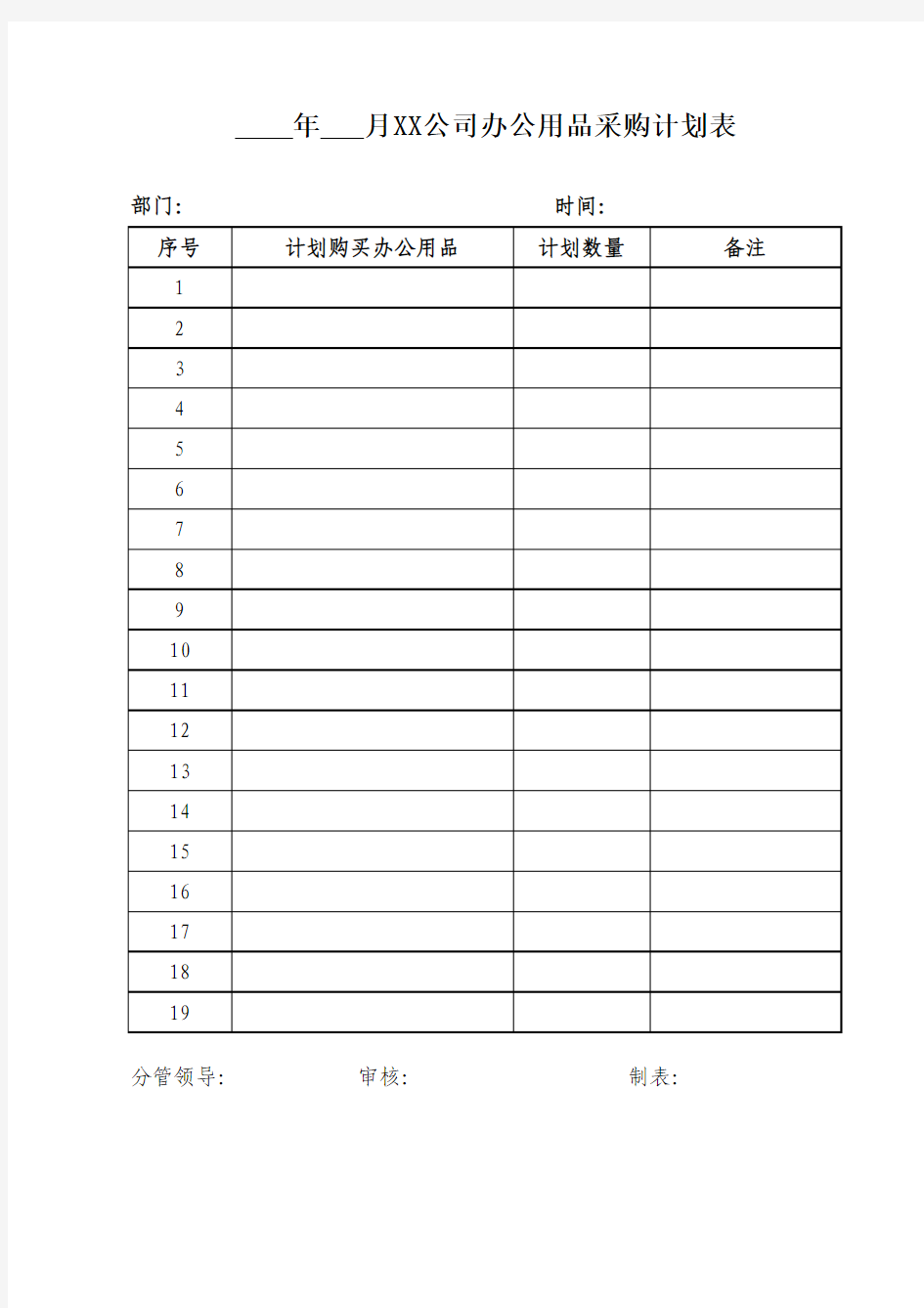 公司部门办公用品采购计划表