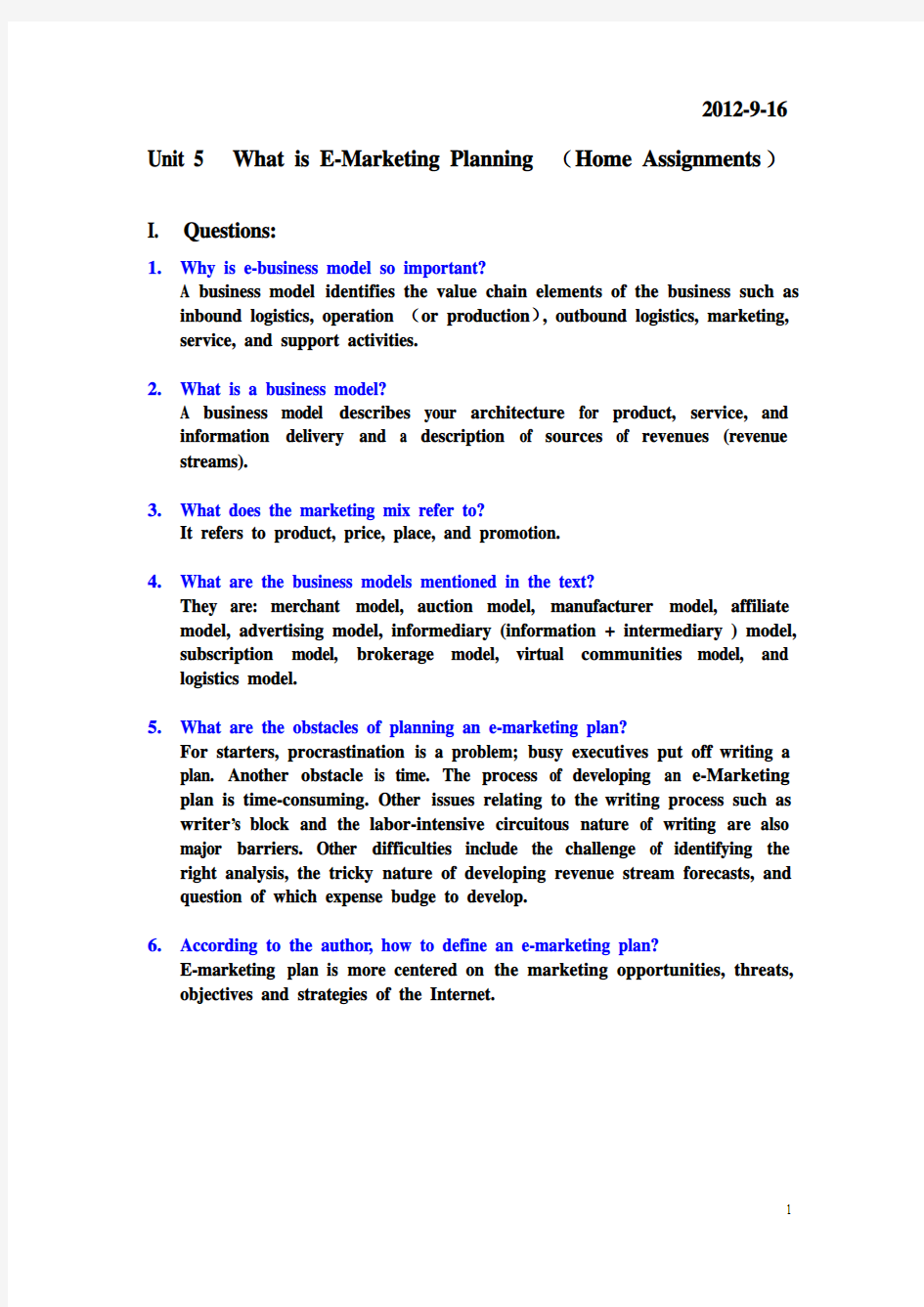 Unit 5  What is E-Marketing Planning + Howme Assignments