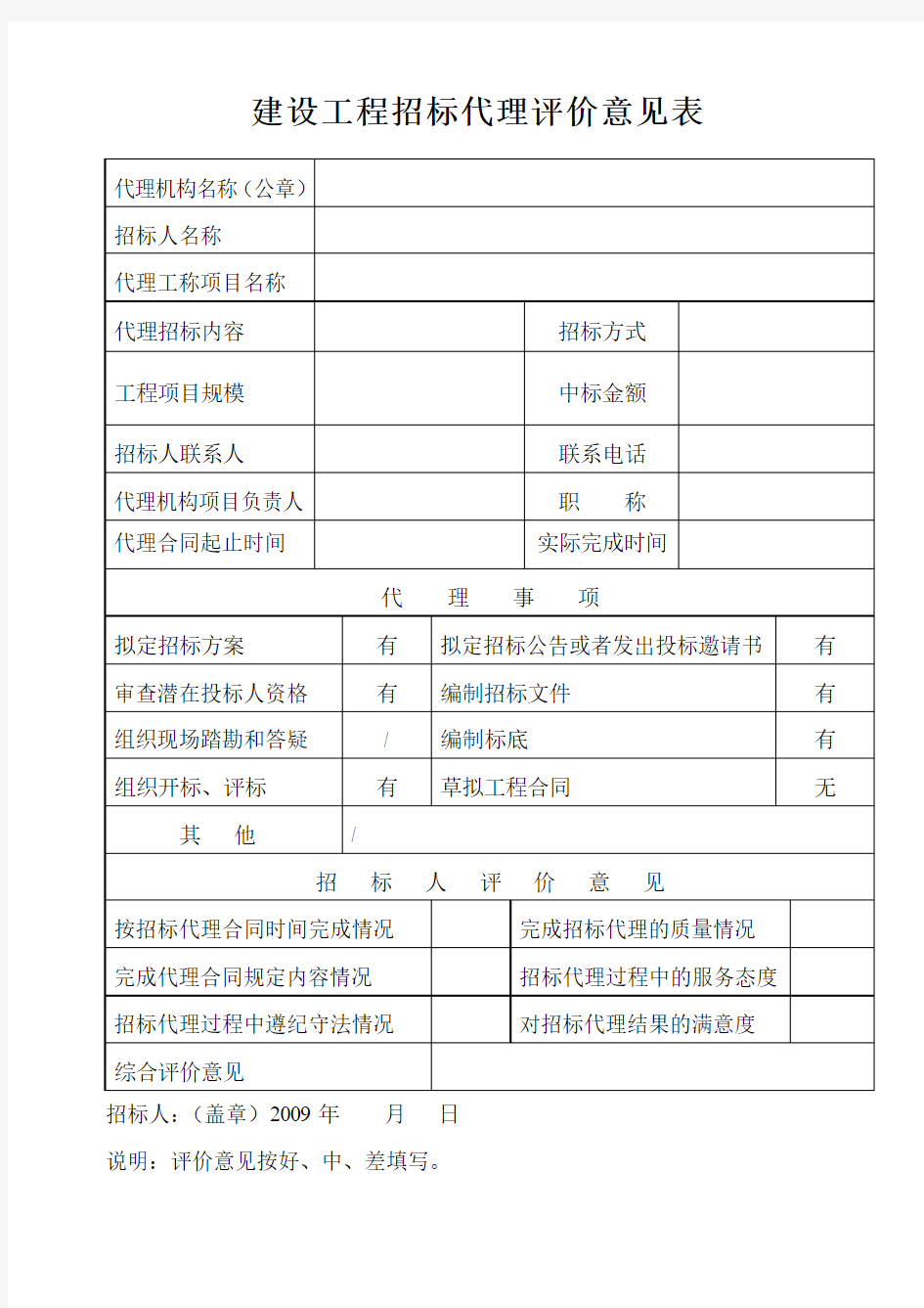 建设工程招标代理评价意见表