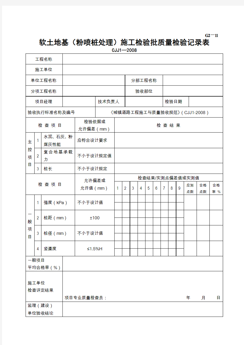 G2-11软土路基(粉喷桩处理)施工检验批质量检验记录