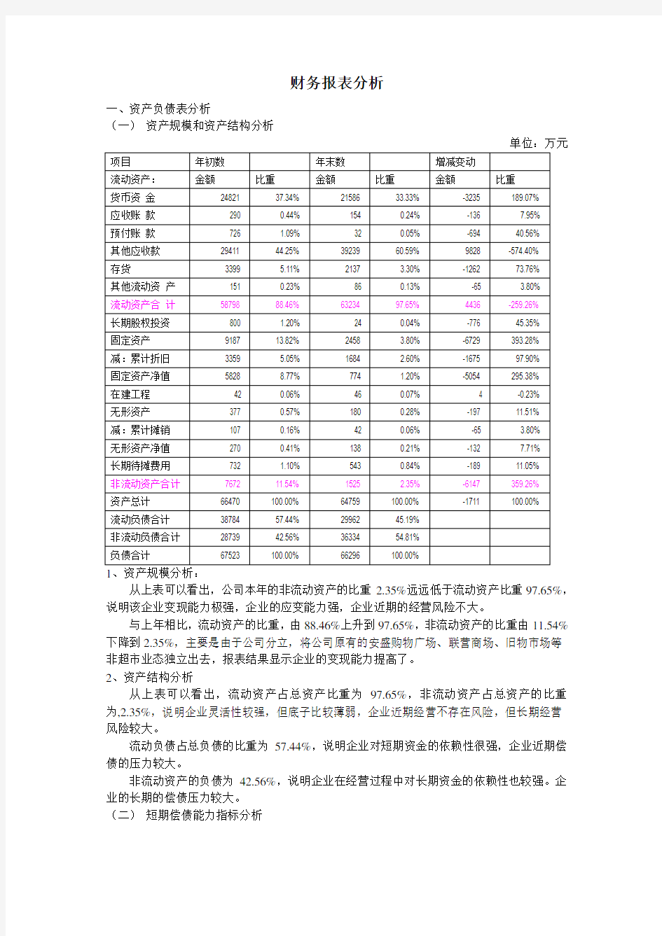 财务报表分析报告(案例分析)