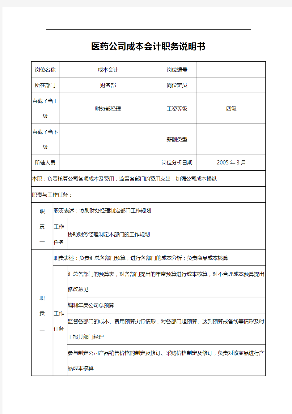 医药公司成本会计职务说明书