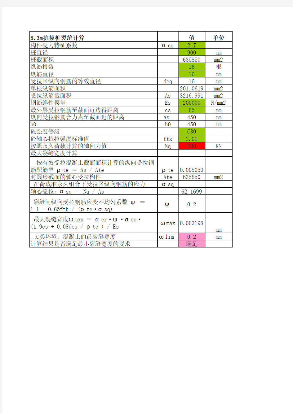 抗拔桩裂缝计算表格