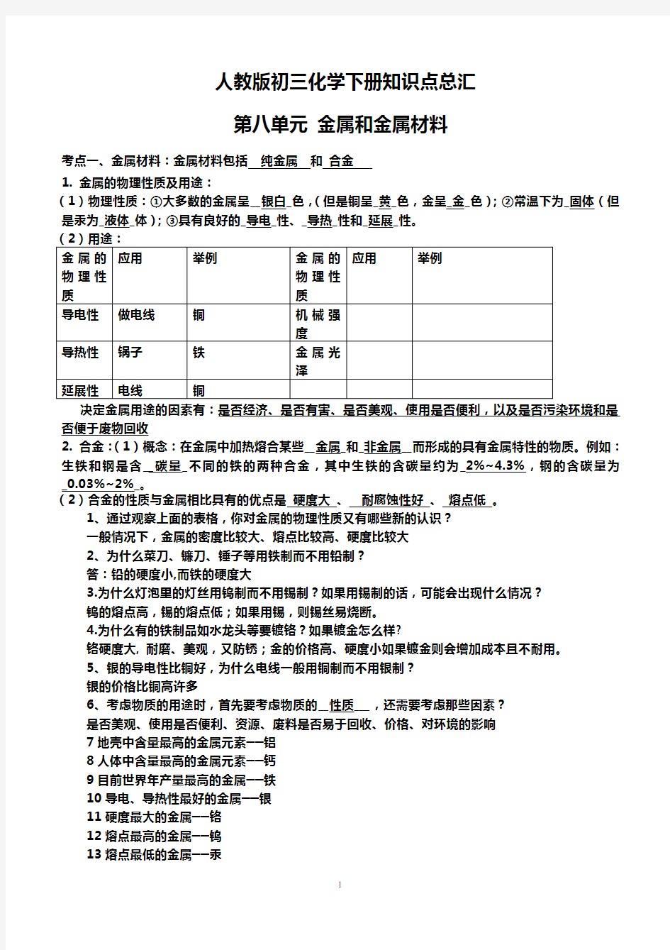 最新人教版九年级下册化学知识点汇总