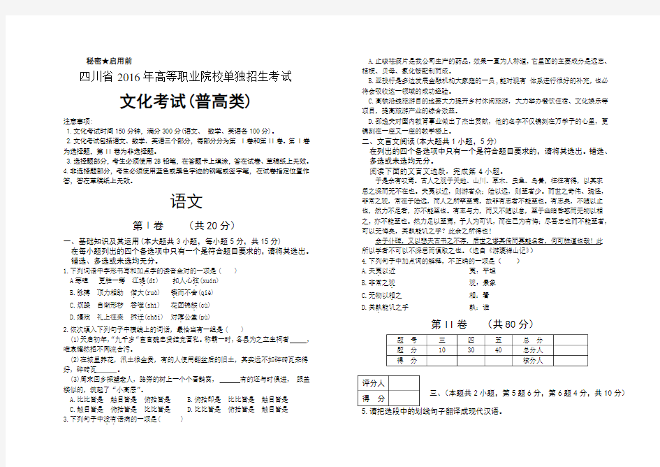 四川省2016年高职院校单招考试文化考试普高类语文真题及答案解析