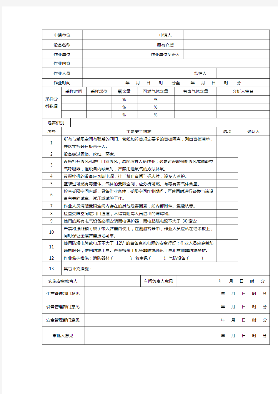 受限空间作业票样板