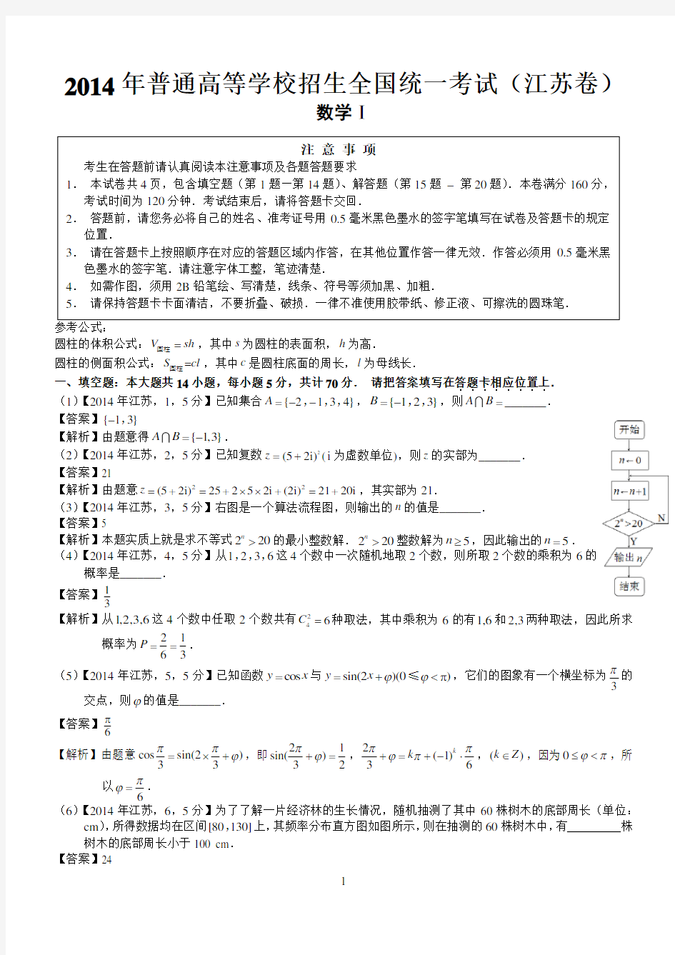 2014年高考江苏数学试题及答案(word解析版)