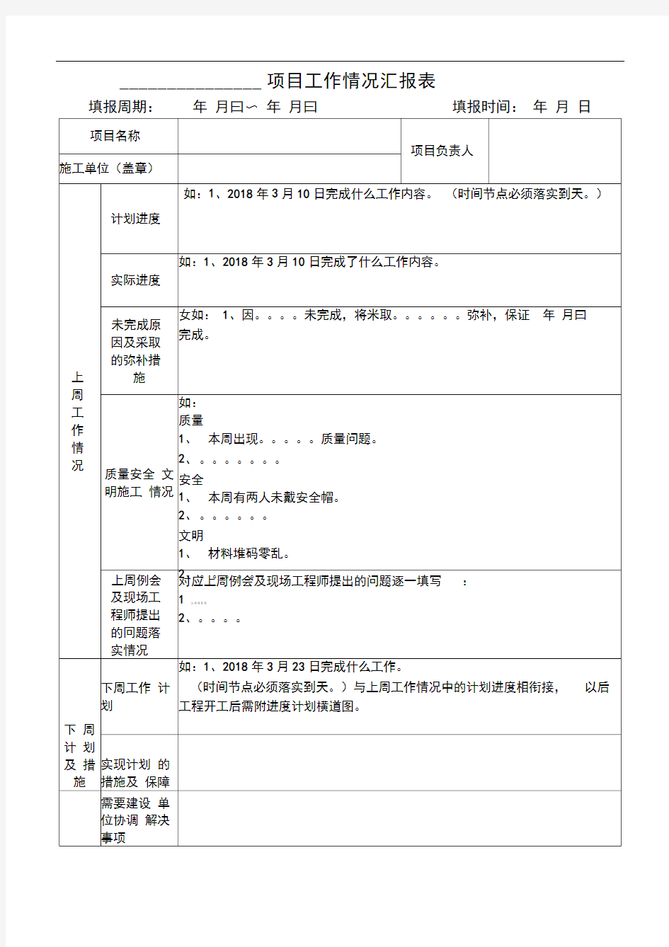 项目施工进度情况汇报表