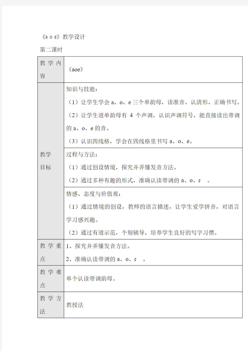 一年级上册(2016部编)汉语拼音《aoe》第二课时教学设计