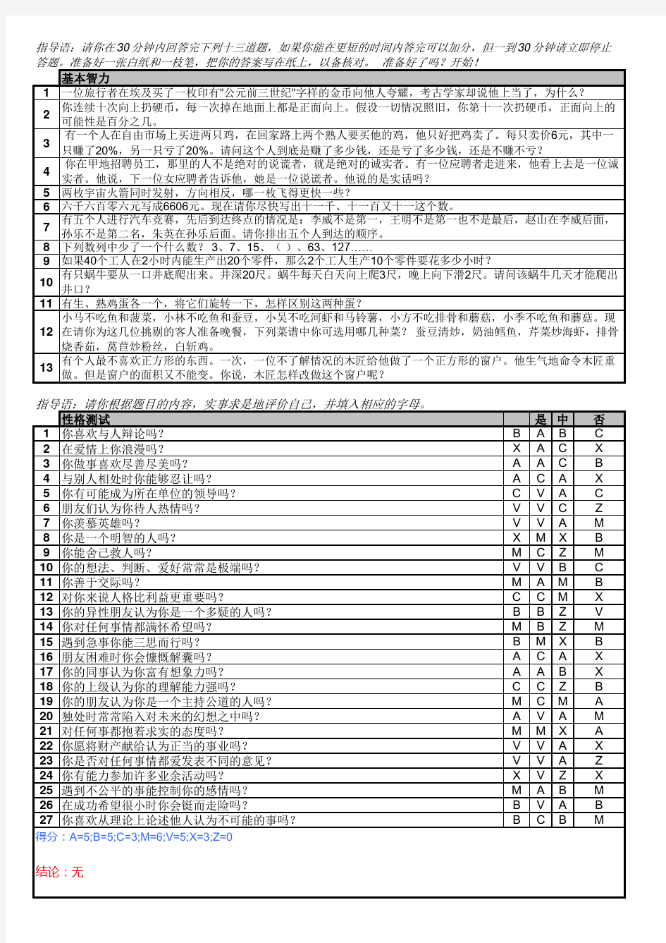 【Excel表格】性格测试自测