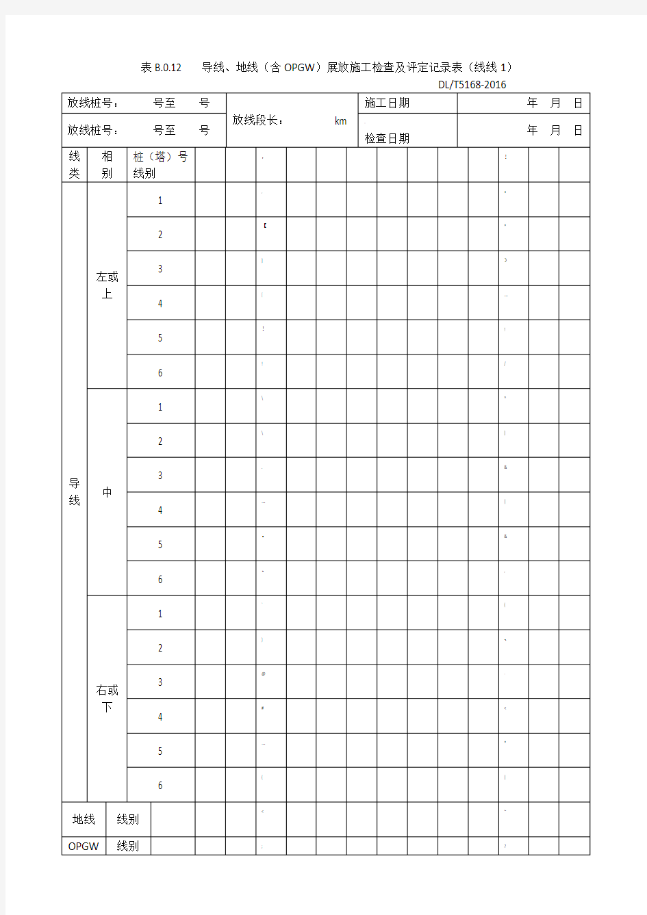 导线、地线(含OPGW)展放施工检查及评定记录表(线线1)