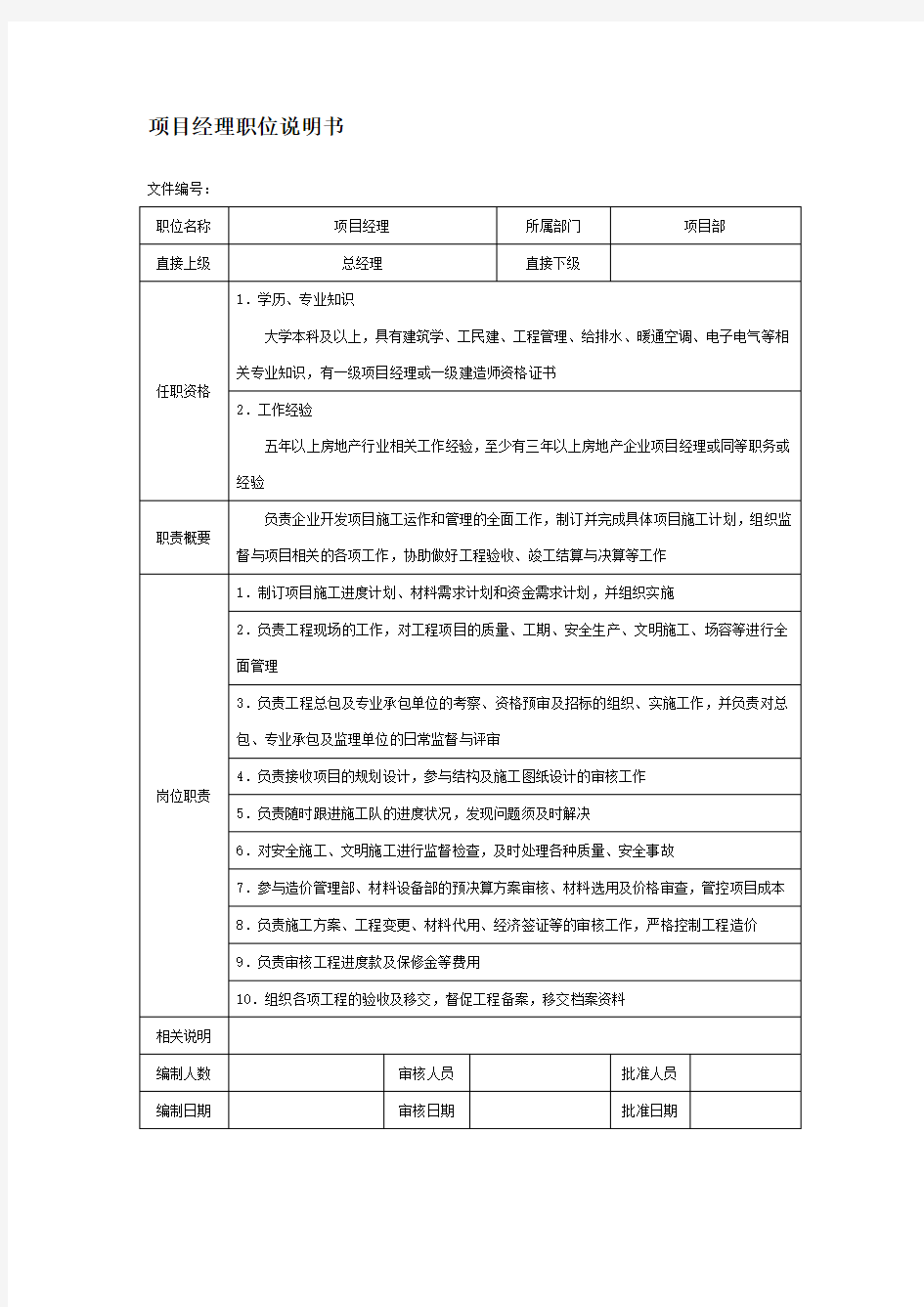 房地产企业项目经理职位说明书