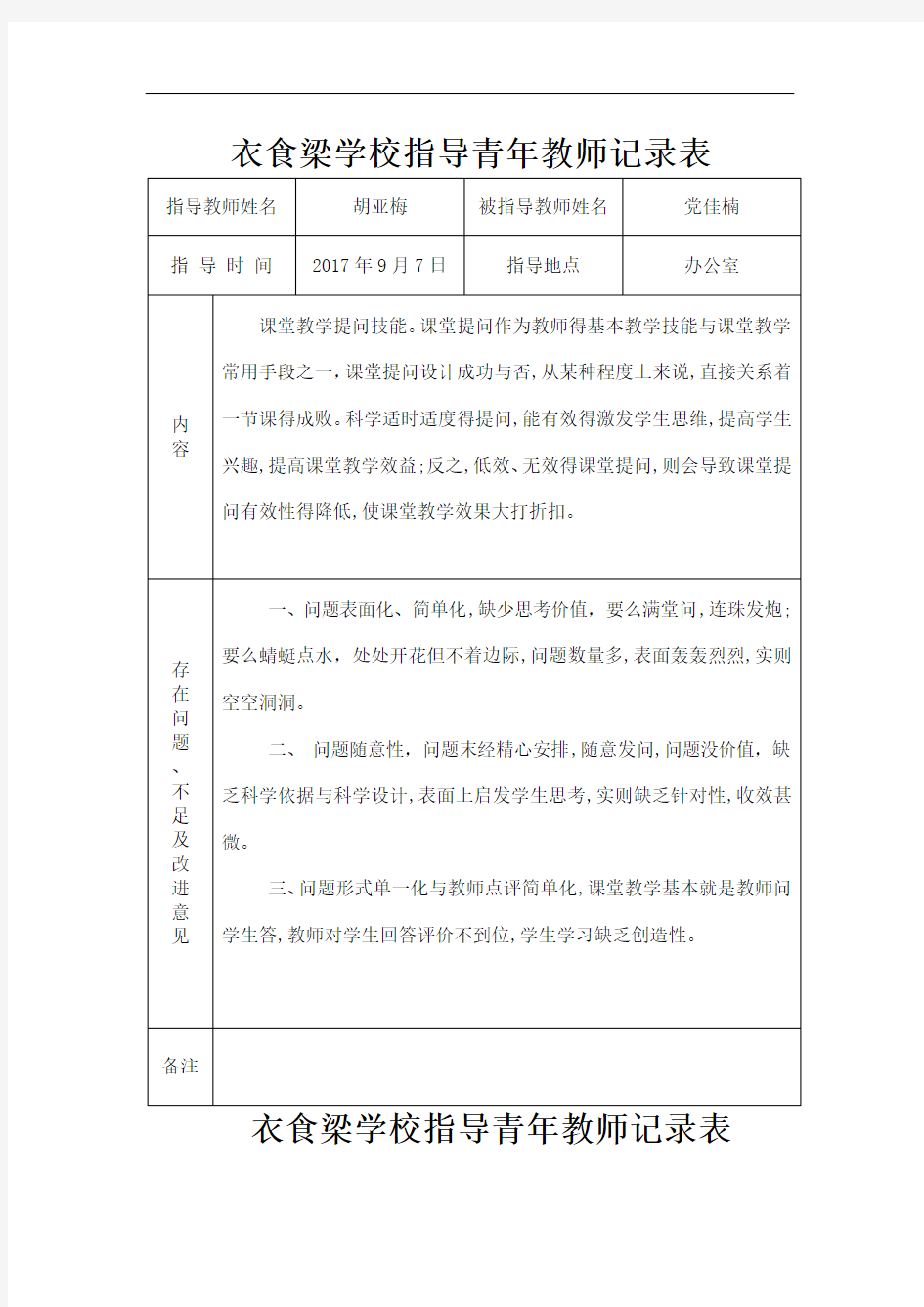 指导青年教师记录表