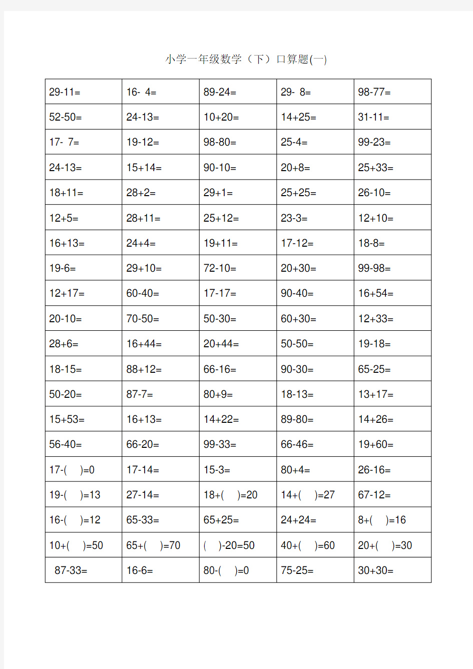 一年级口算过关测试题(100以内进退位加减法)口算不用愁非常实用