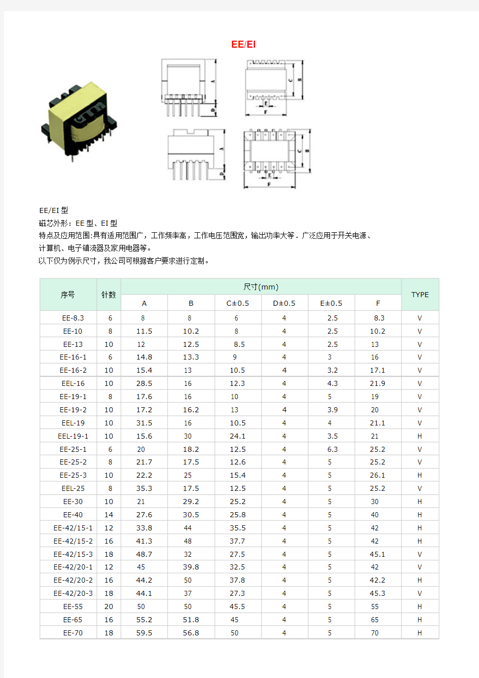 变压器各种规格尺寸