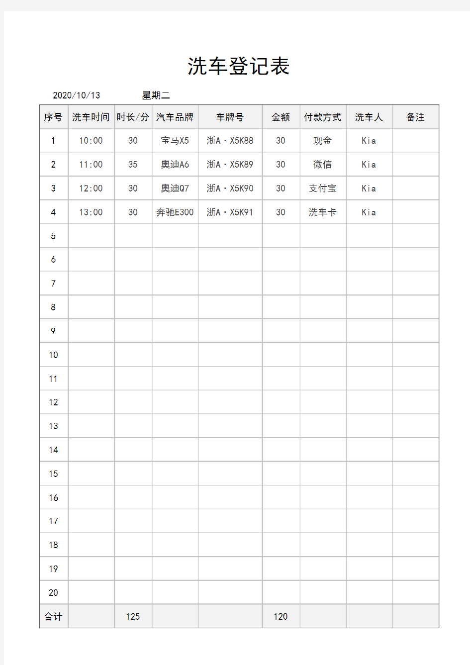 洗车店每日洗车登记表