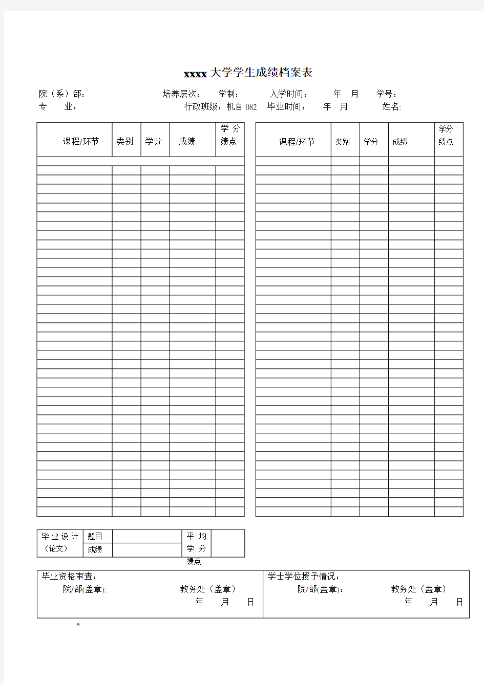 大学毕业生成绩单表格模板