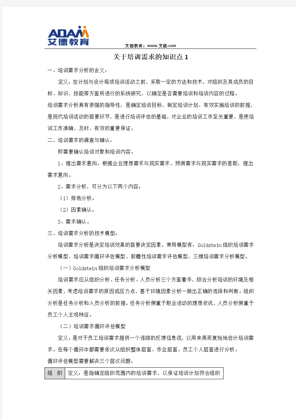 关于培训需求的知识点(一)