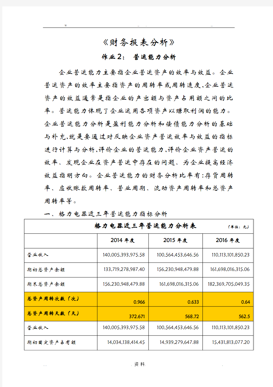 2018财务报表分析格力-营运能力分析