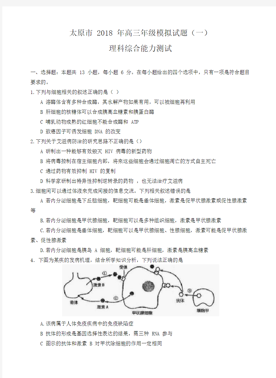 太原市 2018 年高三年级模拟试题(一)理综