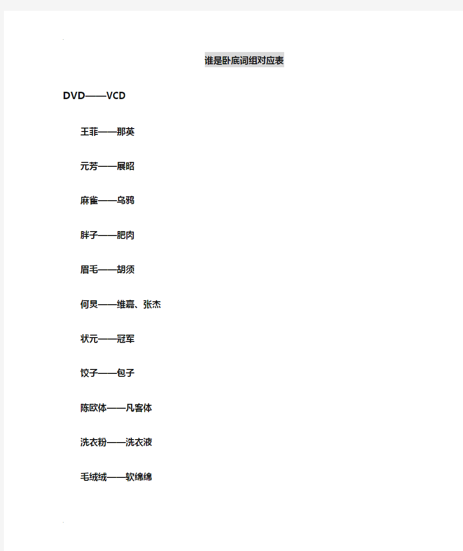 最新~谁是卧底  词汇对应表