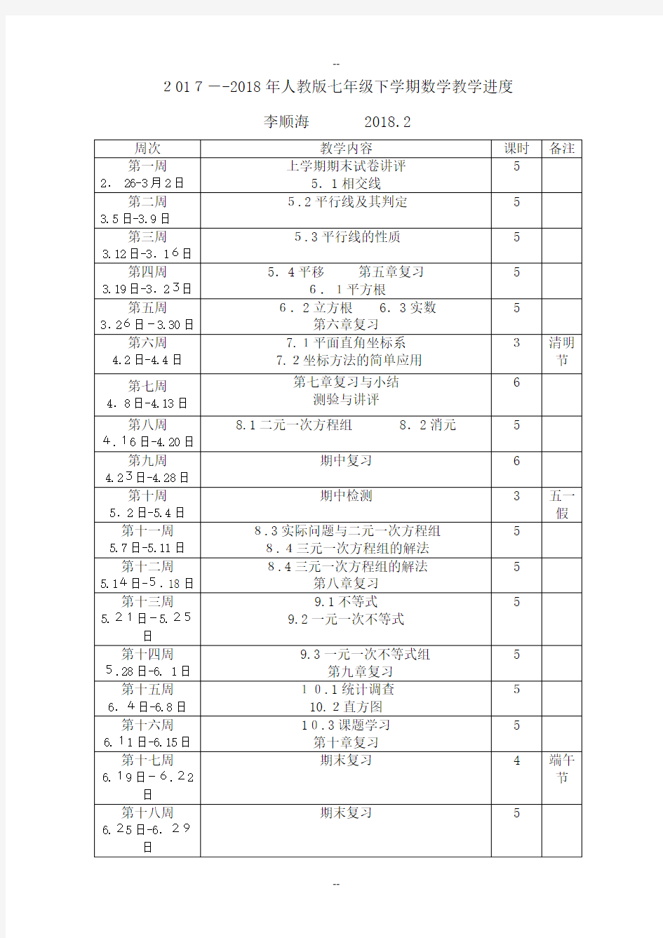 人教版七年级数学下学期教学进度表