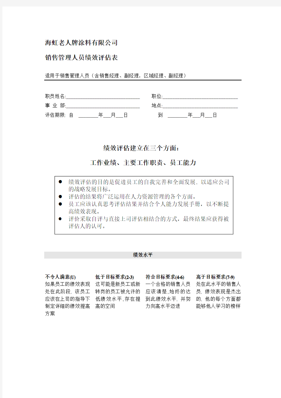 涂料公司销售管理人员绩效考核表