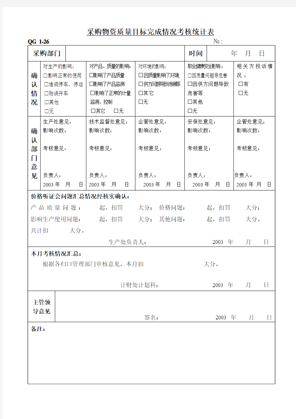 采购物资质量目标完成情况考核统计表