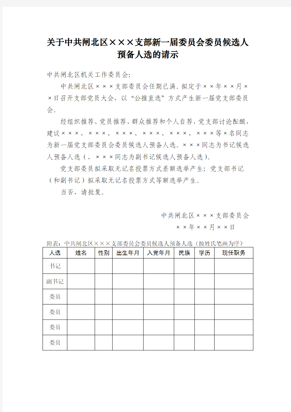 07、党支部委员会候选人预备人选的请示(请示二)