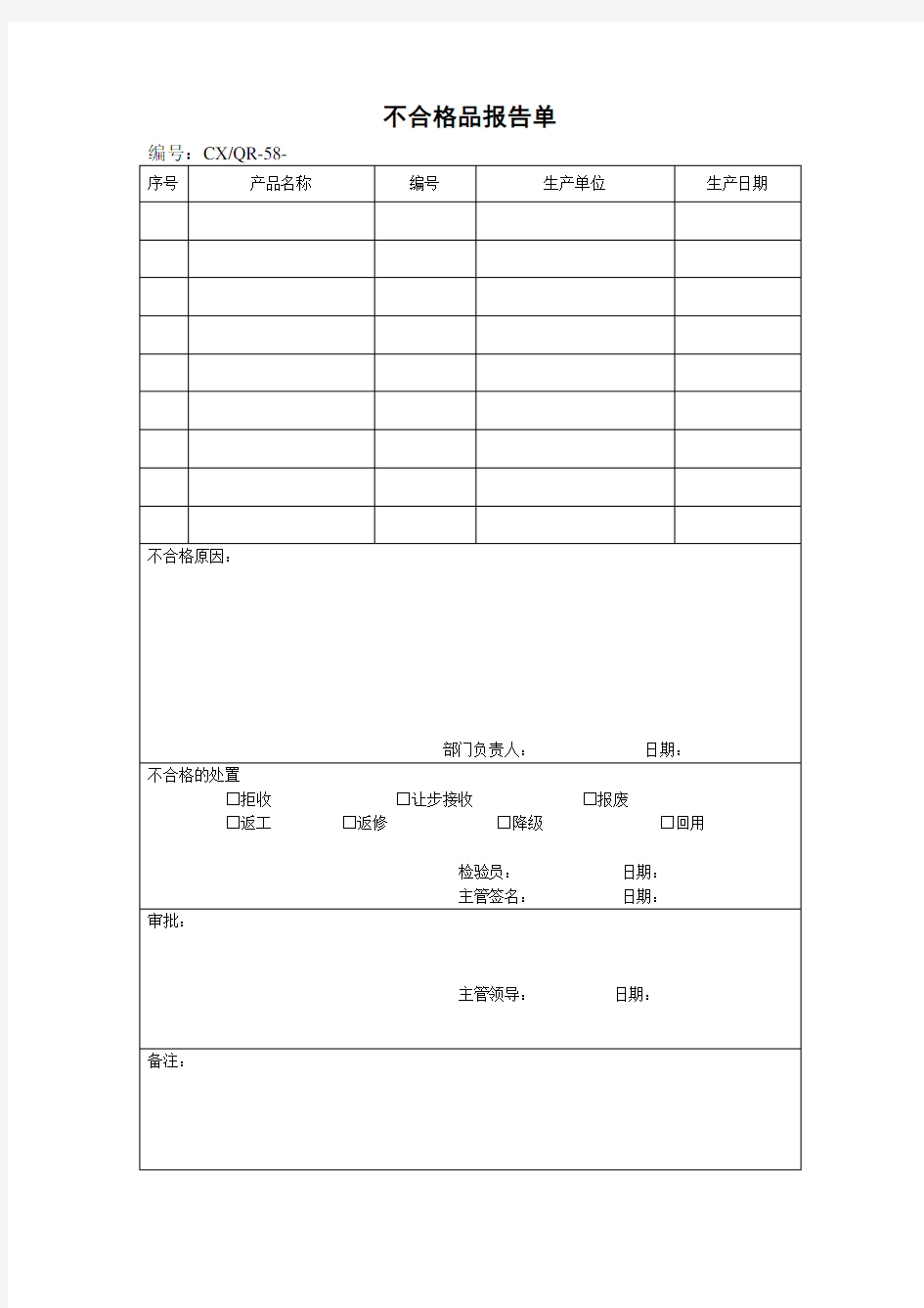 不合格品报告单格式