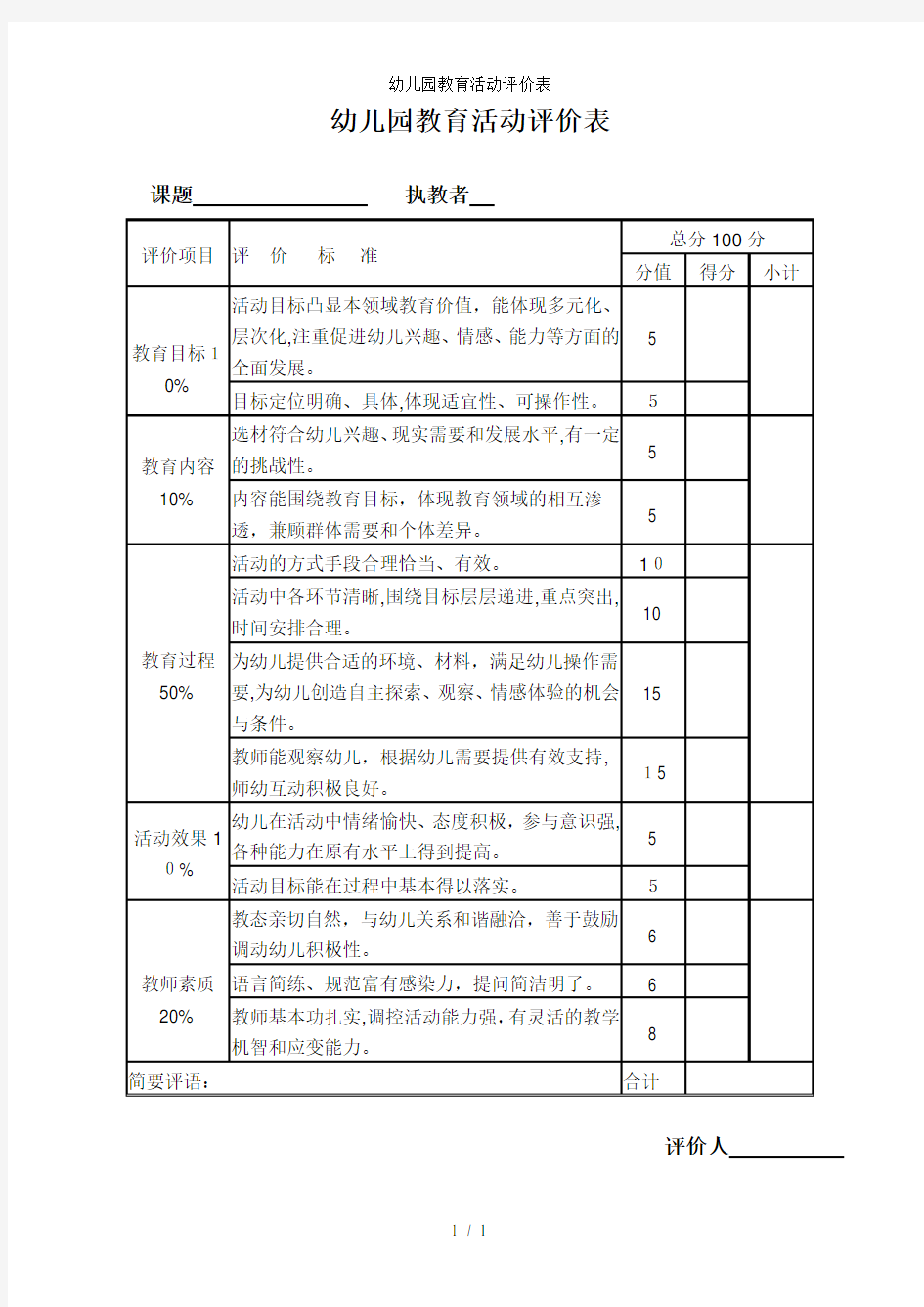 幼儿园教育活动评价表