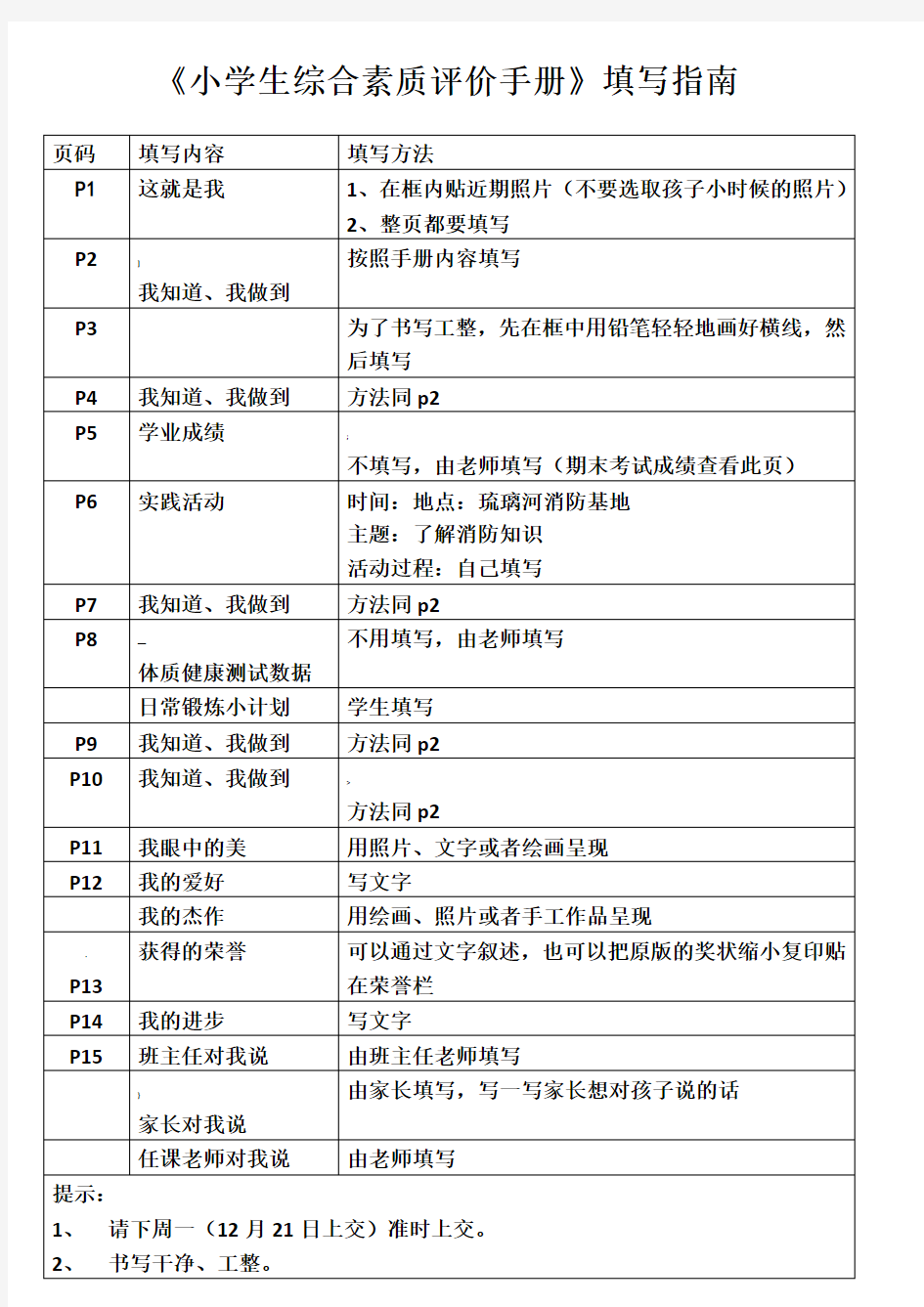 小学生综合素质评价手册