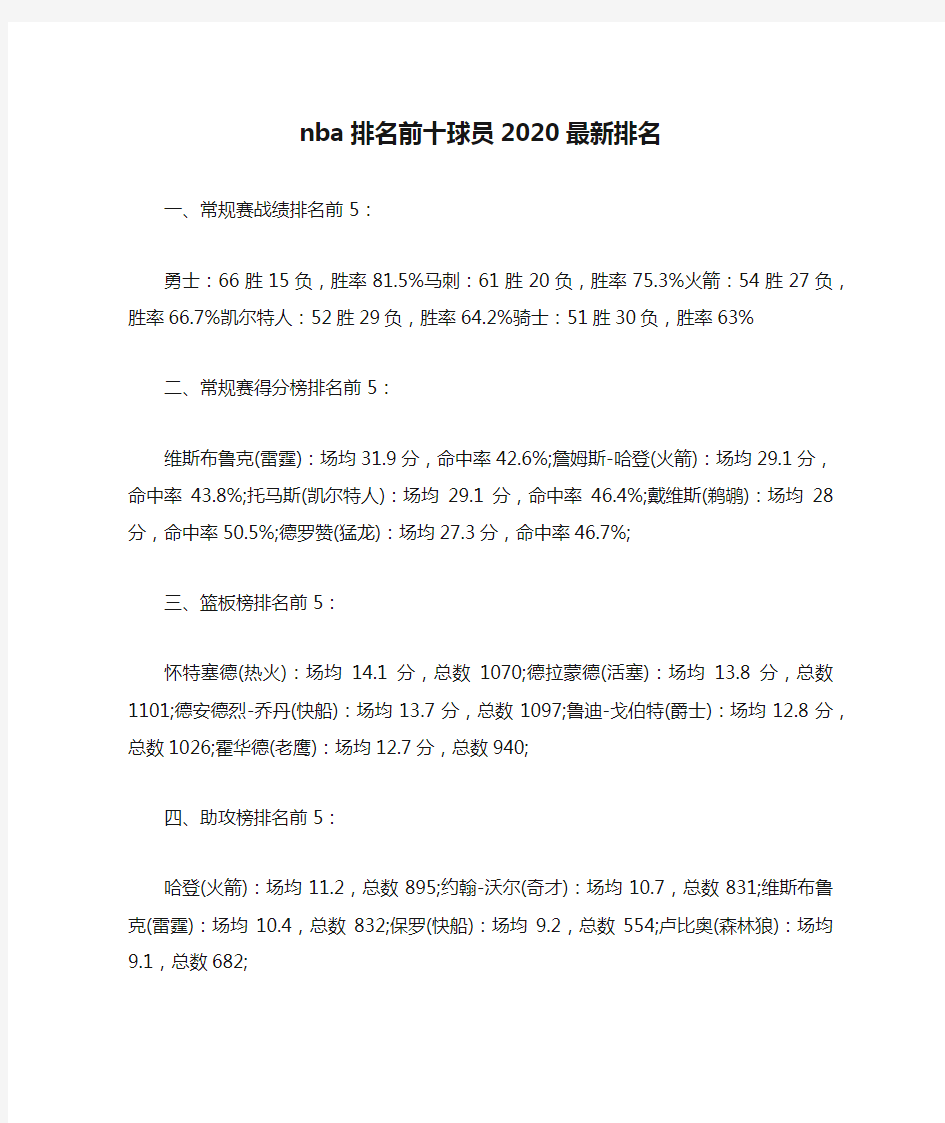 nba排名前十球员2020最新排名