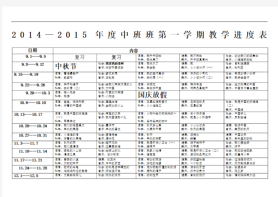 幼儿园教学进度表