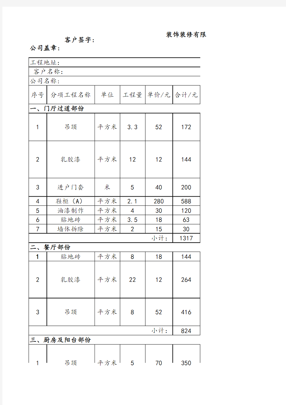 装修公司预算表