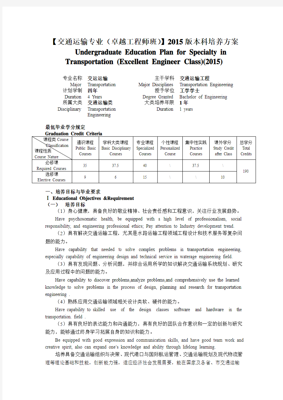 武汉理工大学2015培养方案(交通运输卓越班)